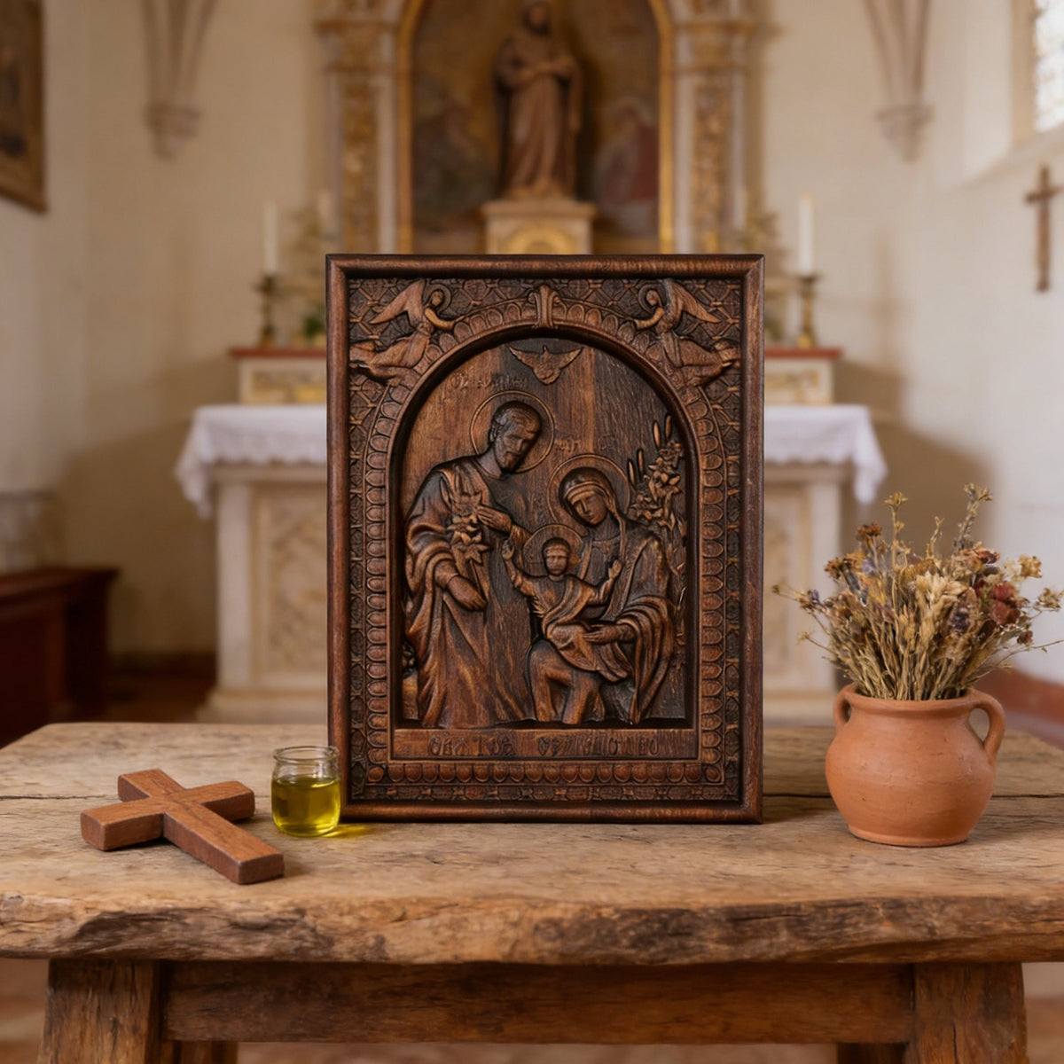 Beechwood Holy Family Wall Hanging: Carving Devotion in Wood, Bringing Sacred Warmth - Christian gift presentation
