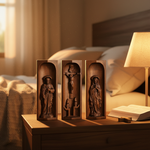 Beech Wood Holy Family Altar Decor - Handcrafted Christian Prayer Desktop Gift - design detail