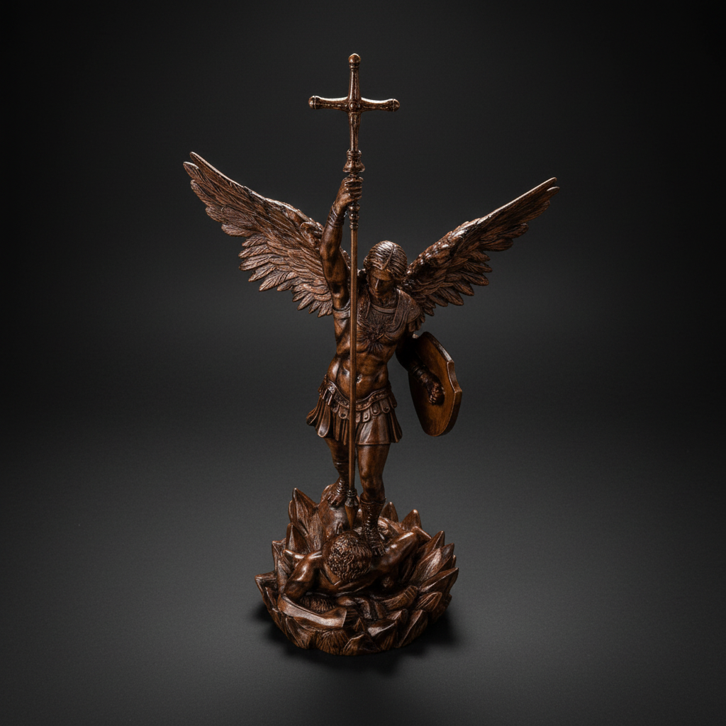 St. Michael the Archangel - Hand Carved Boxwood Sculpture - Spiritual Guardian for Prayer Spaces - side view