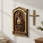 Sacred Heart of Jesus Hand-Carved Beechwood Relief - Divine Mercy Home Altar Decor - design detail