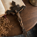Wood carving of the Cross of the Order of Saint Benedict - with base