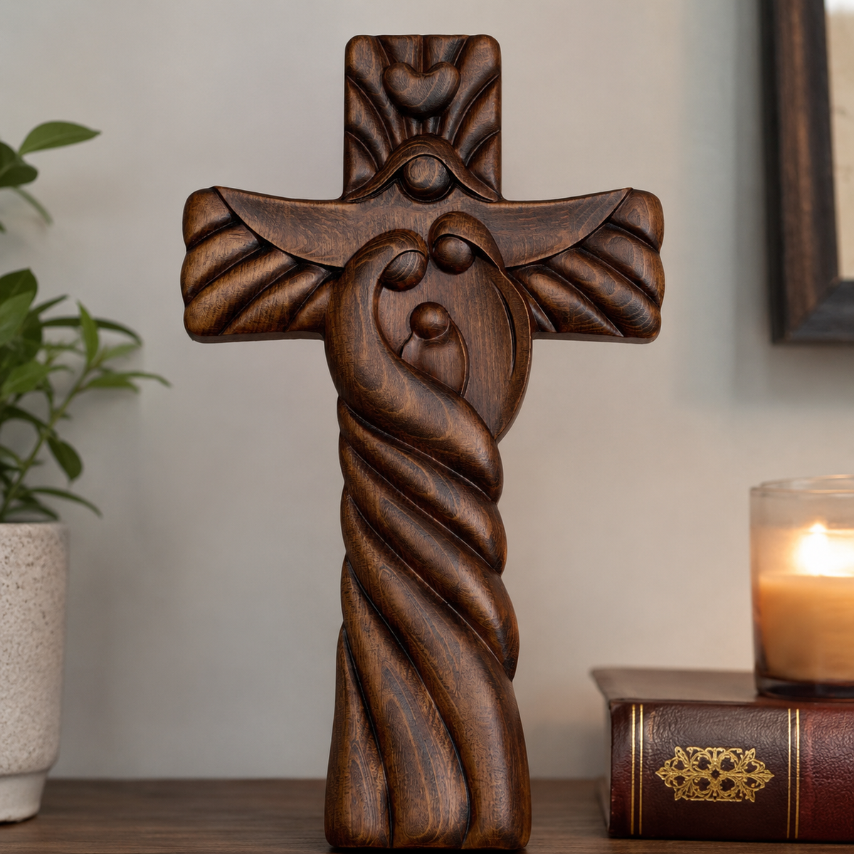 Holy Family wood icon decoration, Joseph, Mary, Baby Jesus, carved wooden cross, wall decoration