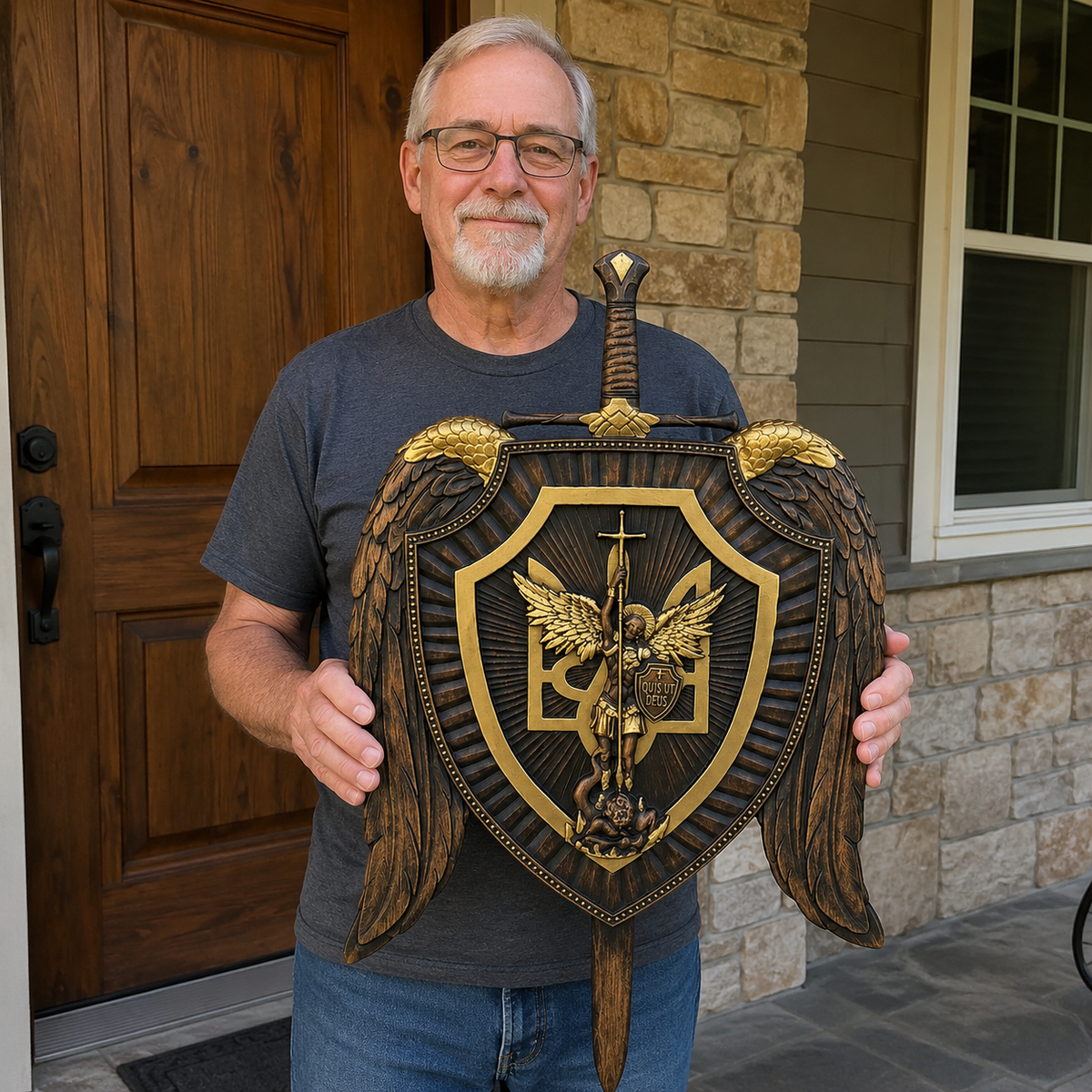 Archangel Michael Sword & Shield Wall Plaque - Divine Protection in Spiritual Warfare - side view
