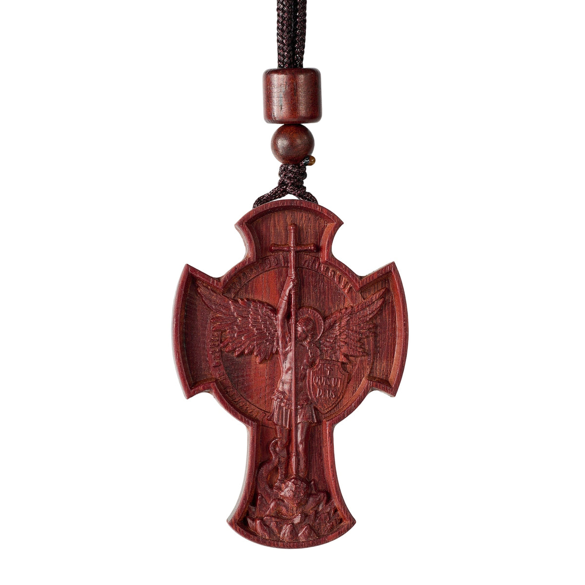 St. Michael the Archangel Wooden Cross Pendant - size and finish detail