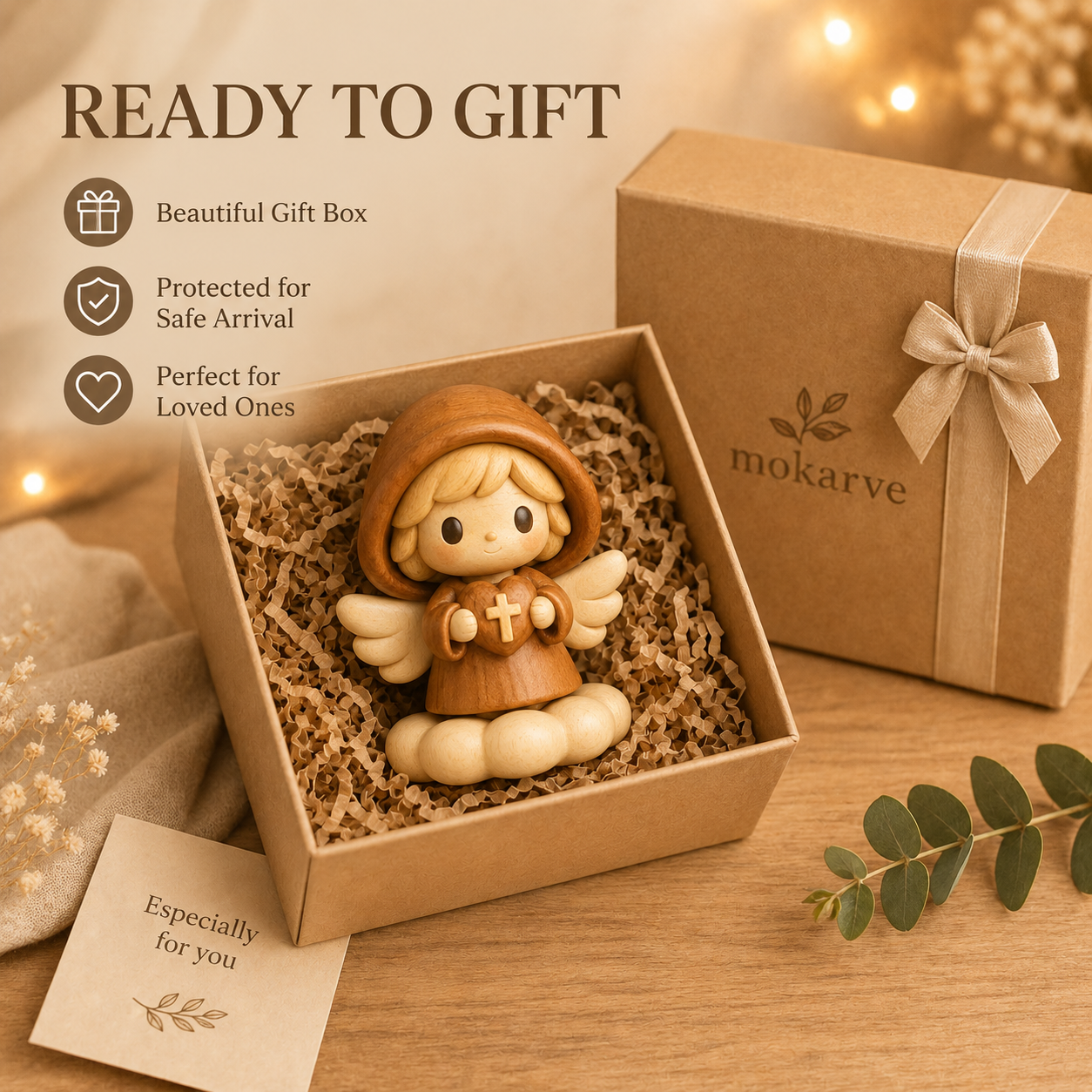 Wooden Angel Blessing Figurine – Original Wood Inlay Craft Gift Decor