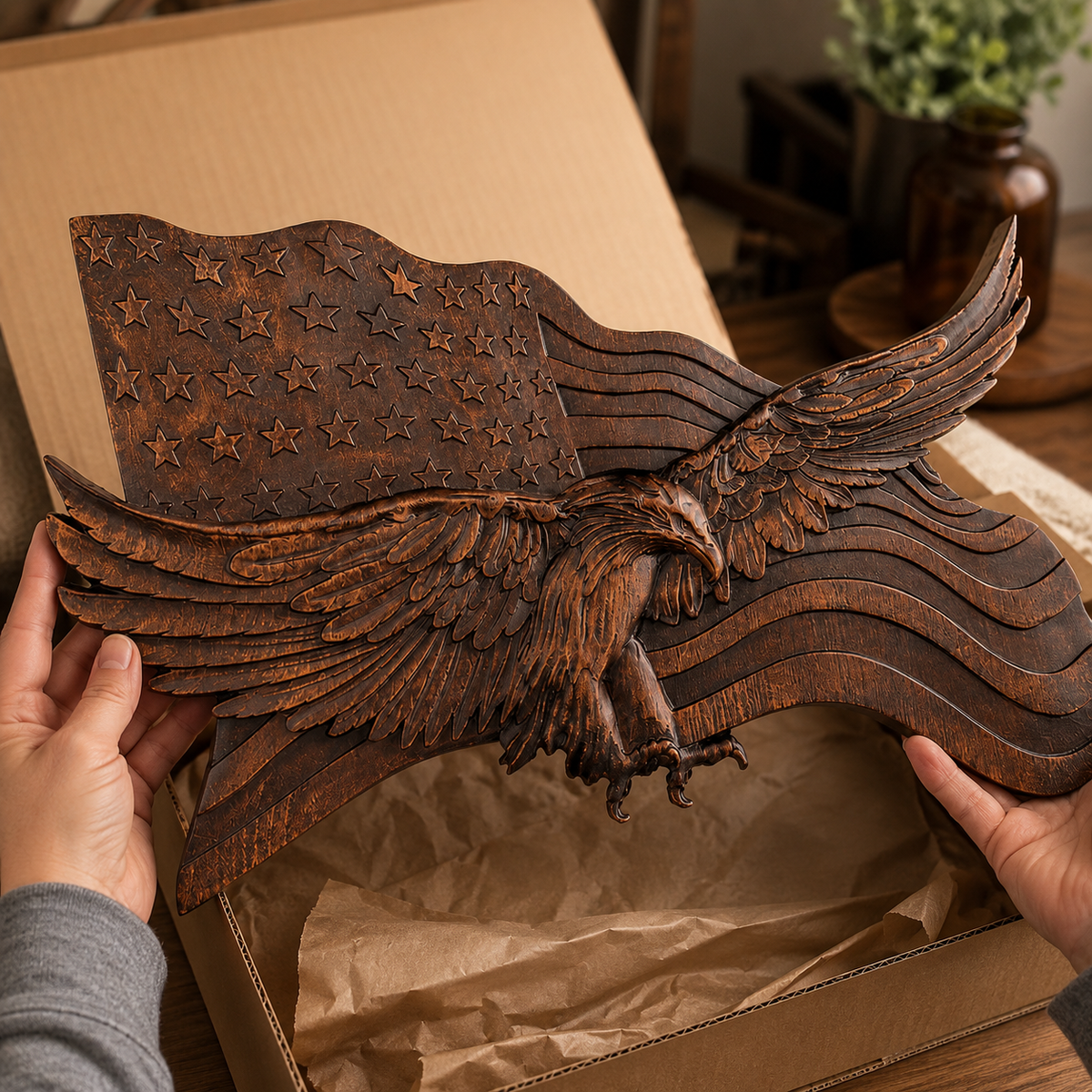 Eagle & Flag Wood Wall Plaque - Handcrafted American Heritage Tribute - craftsmanship detail