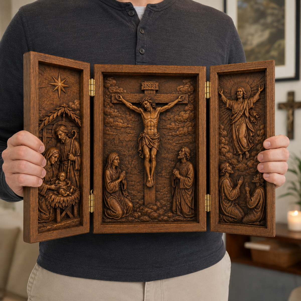 The Life of Christ Hand-Carved Beechwood Triptych – From Nativity to Resurrection Glory - product view