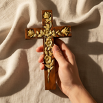 Hand-Carved Rose Cross Wall Art ✝🌹 | Solid Beechwood Christian Decor with Golden Flowers - side view
