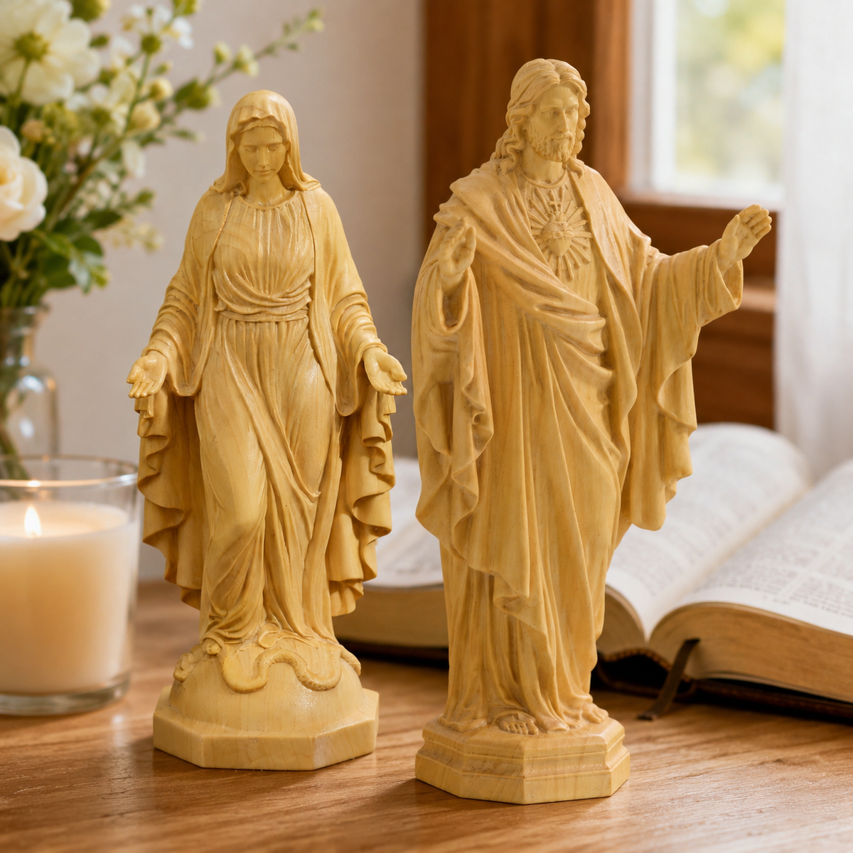 Hand Carved Sacred Heart of Jesus Virgin Mary Wooden Tabletop Ornament - side view