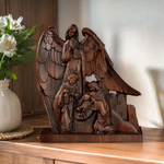 Hand-Carved Holy Family & Guardian Angel Solid Wood Statue: A Faith Artwork Anchoring Divine Blessings for Your Home