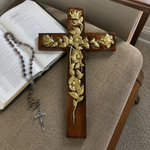 Hand-Carved Rose Cross Wall Art ✝️🌹 | Solid Beechwood Christian Decor with Golden Flowers