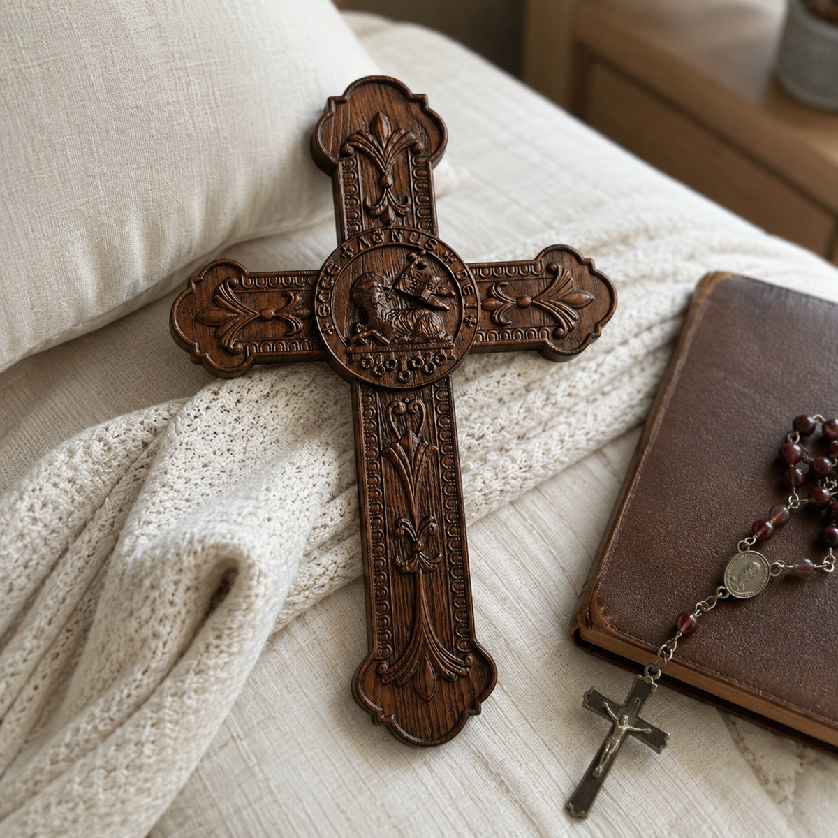 Lamb of God Wood Carving Cross Wall Decor - Paschal lamb - side view