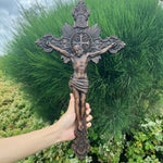 Wood Carving of Jesus Cross with St. Benedict's Exorcism - mokarve