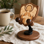 Black Walnut “Archangel Michael” Adjustable Phone Stand—A Faith-Inspired Wooden Desktop Stand