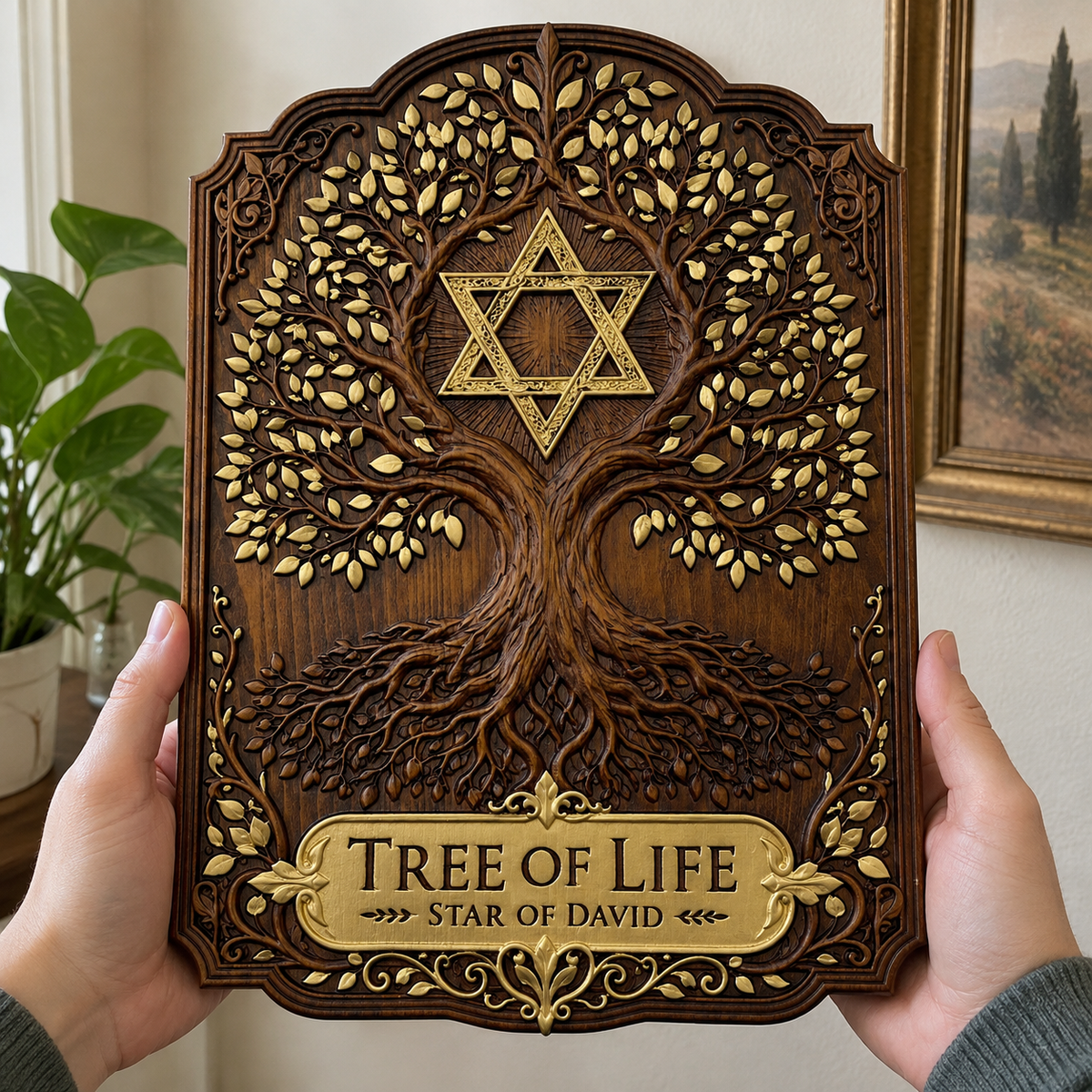Tree of Life & Star of David Beechwood Wall Plaque