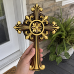 Beechwood Ornate Cross – Gold Accented Christian Wall Cross