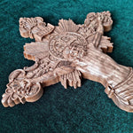 Wood Carving of Jesus Cross with St. Benedict's Exorcism - mokarve