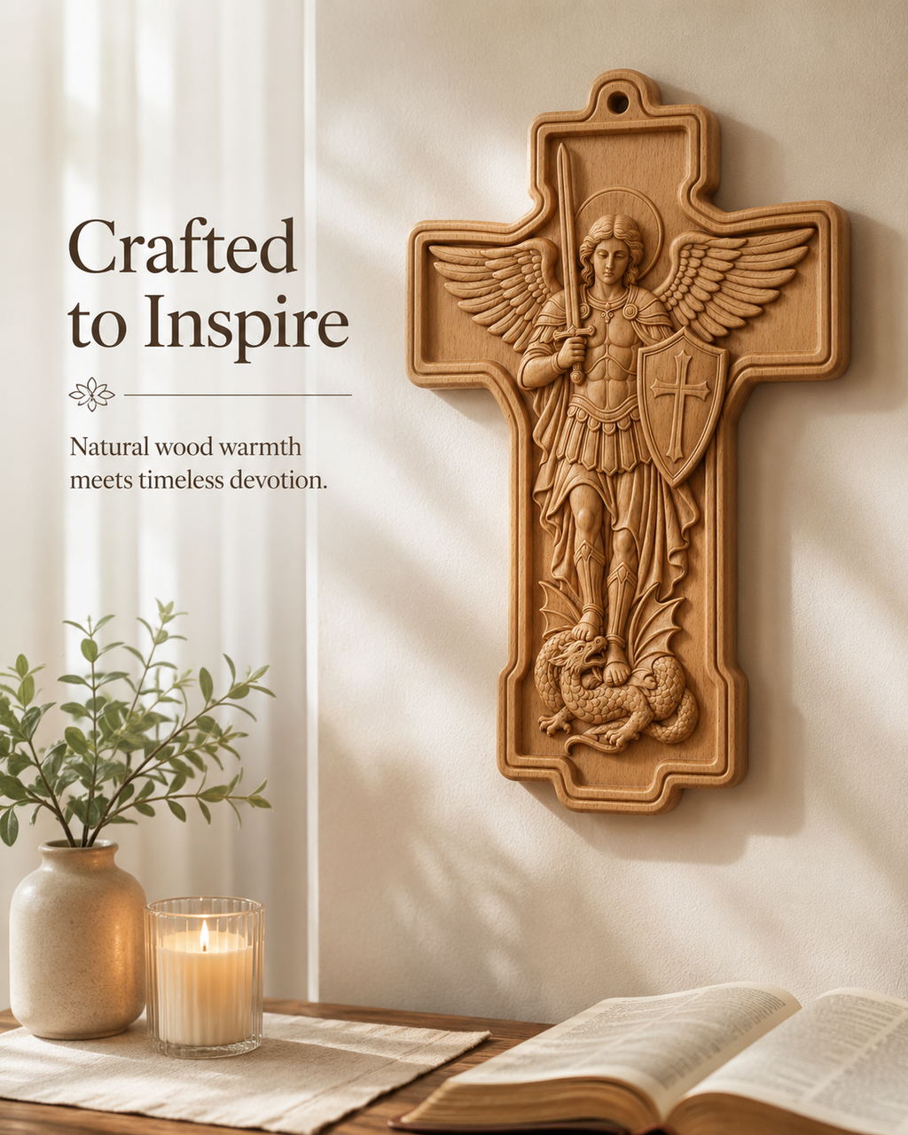 St. Michael Wooden Wall Cross – Beech Wood Relief Carving Christian Wall Plaque