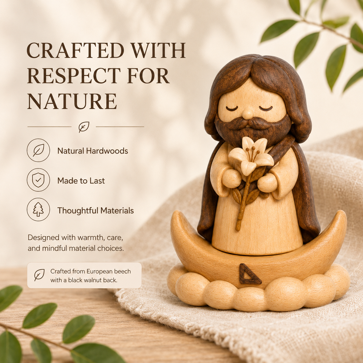 St. Joseph with Lily Wooden Figurine – Original Wood Inlay Blessing Decor