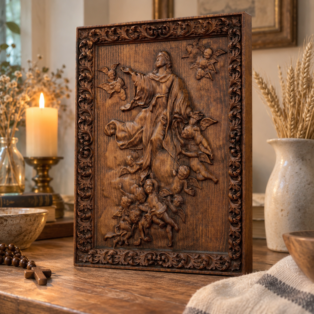 Assumption of Mary Hand-Carved Wood Wall Art: A Tribute to Heavenly Glory