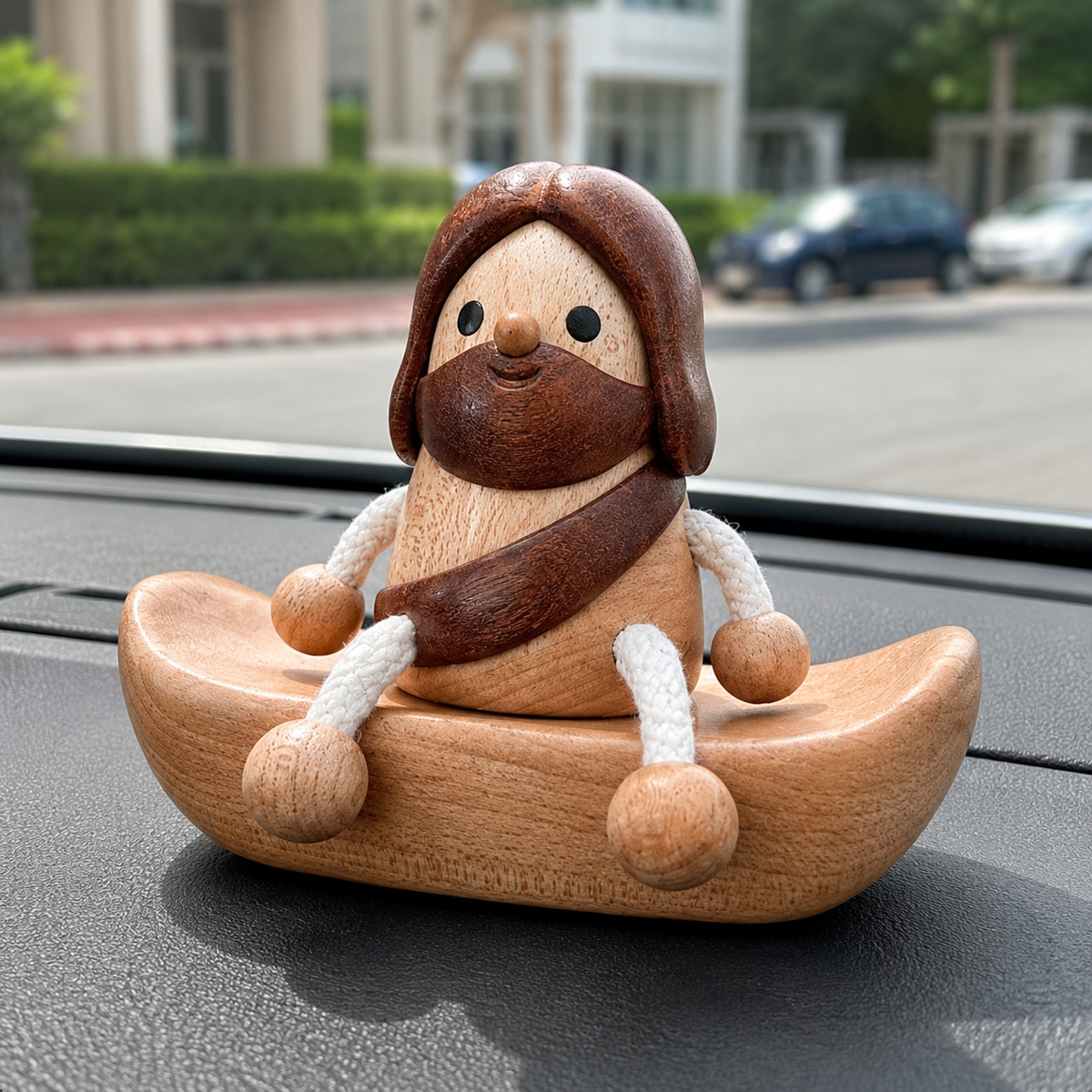 Handcrafted Jesus Car Display Number Plate Ornament, Made from Walnut and Beech Wood - side view