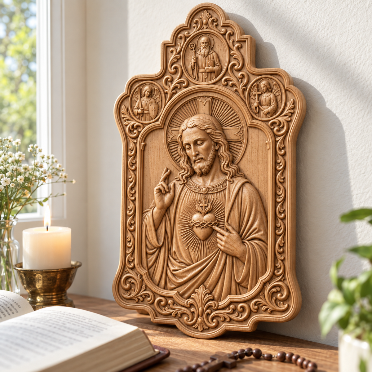 Sacred Heart of Jesus Beechwood Relief Plaque