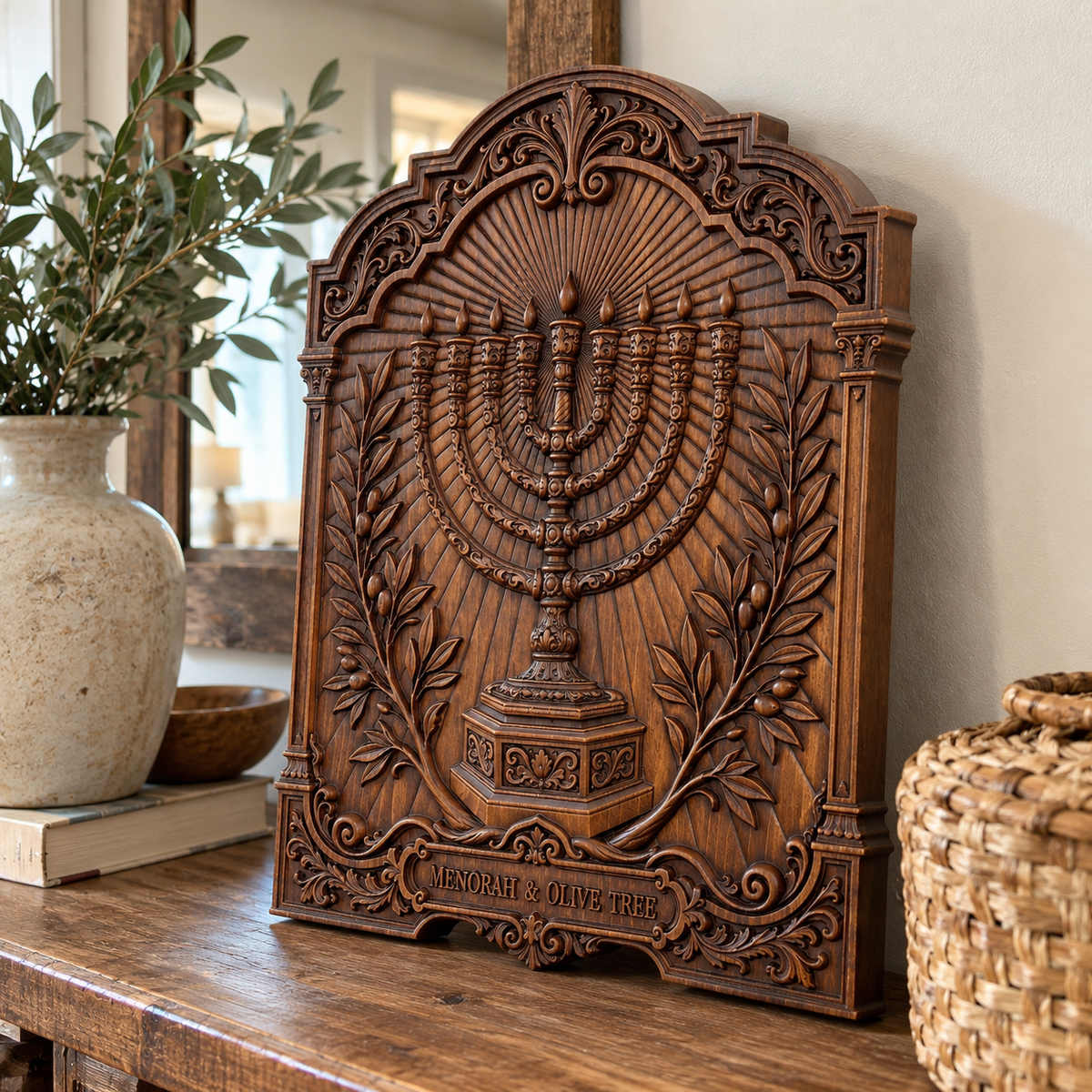 Hanukkah Menorah & Olive Tree Beechwood Plaque