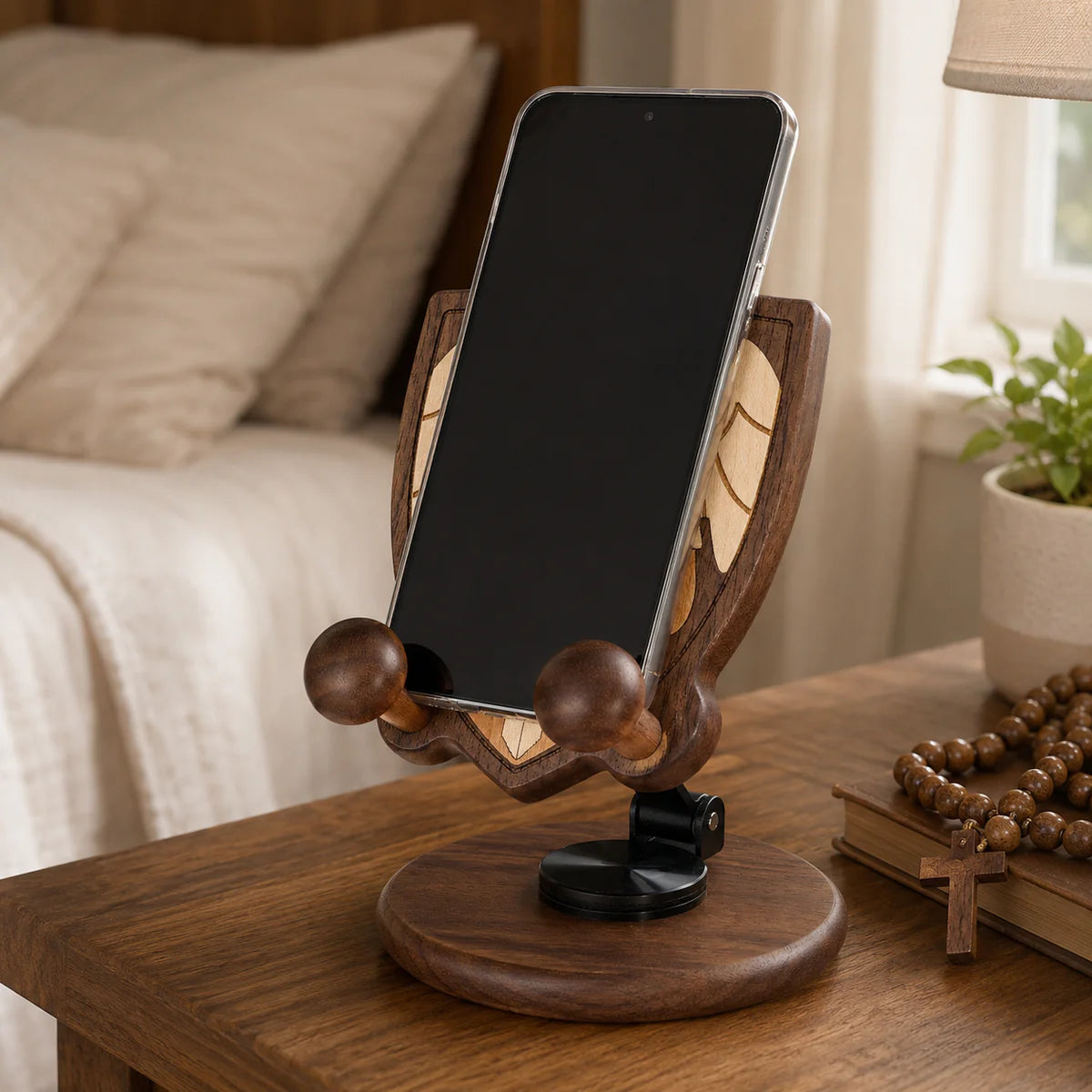 Guardian Angel Wooden Phone Stand – Original Wood Inlay Desk Holder