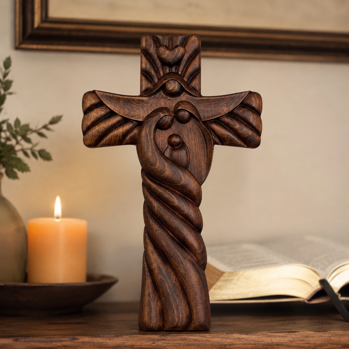 Holy Family wood icon decoration, Joseph, Mary, Baby Jesus, carved wooden cross, wall decoration