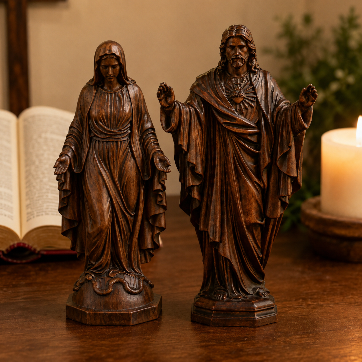 Hand Carved Sacred Heart of Jesus Virgin Mary Wooden Tabletop Ornament - design detail