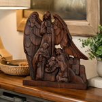 Hand-Carved Holy Family & Guardian Angel Solid Wood Statue: A Faith Artwork Anchoring Divine Blessings for Your Home