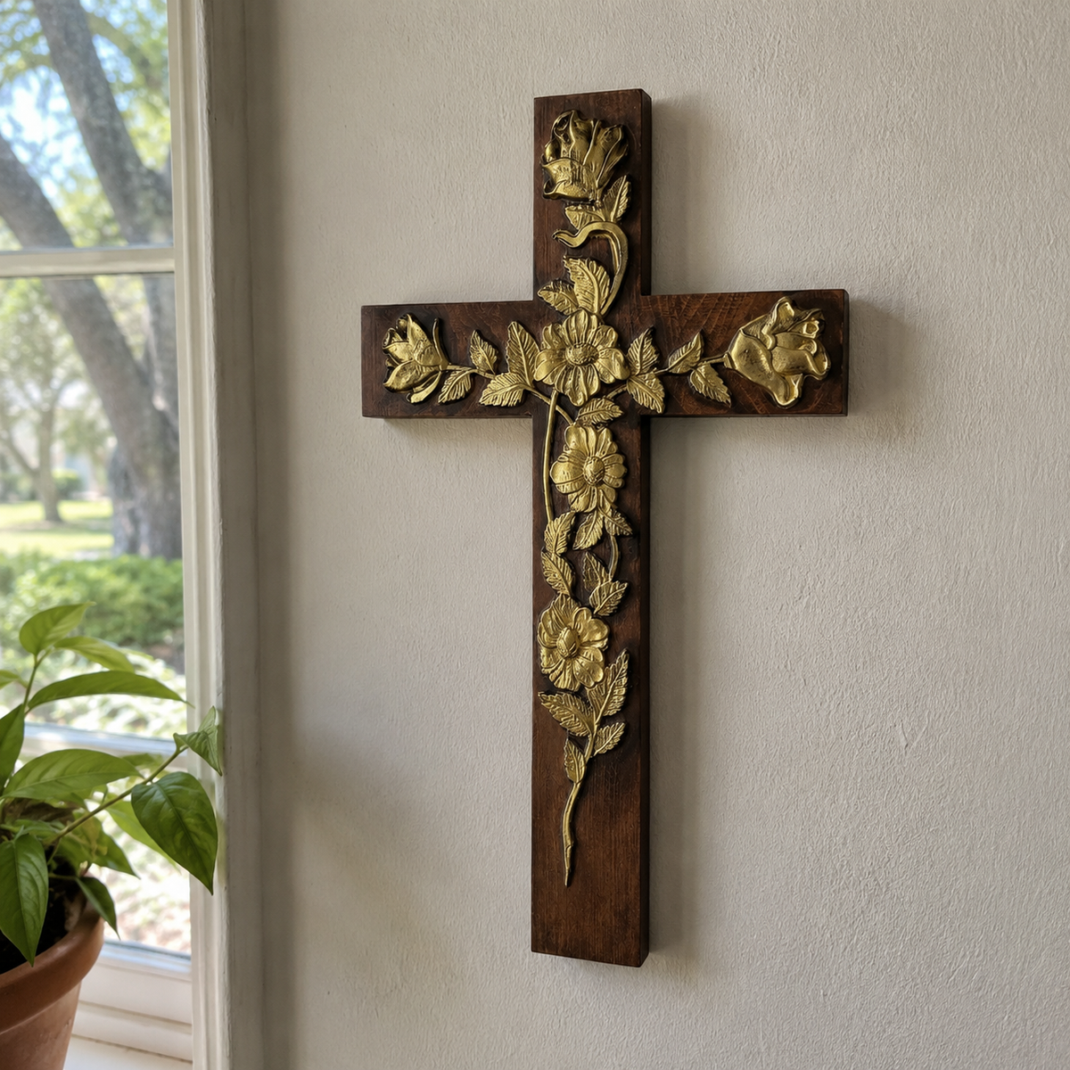 Hand-Carved Rose Cross Wall Art ✝️🌹 | Solid Beechwood Christian Decor with Golden Flowers