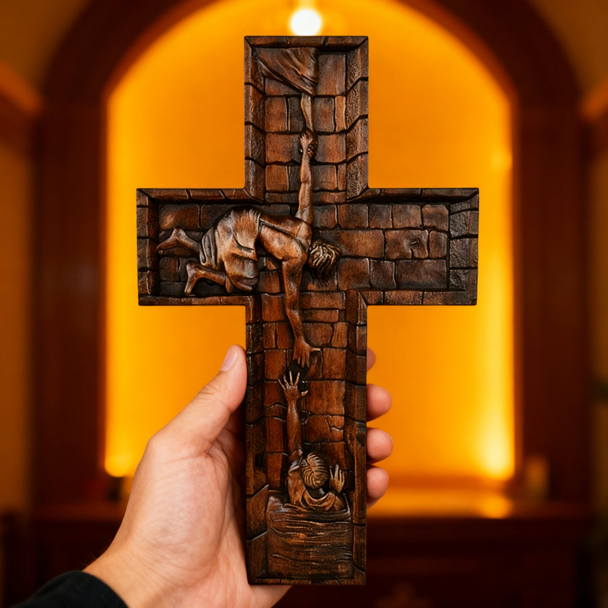 6 inches Savior Jesus Cross Wood carving - Mini version for Christian home decor and prayer spaces