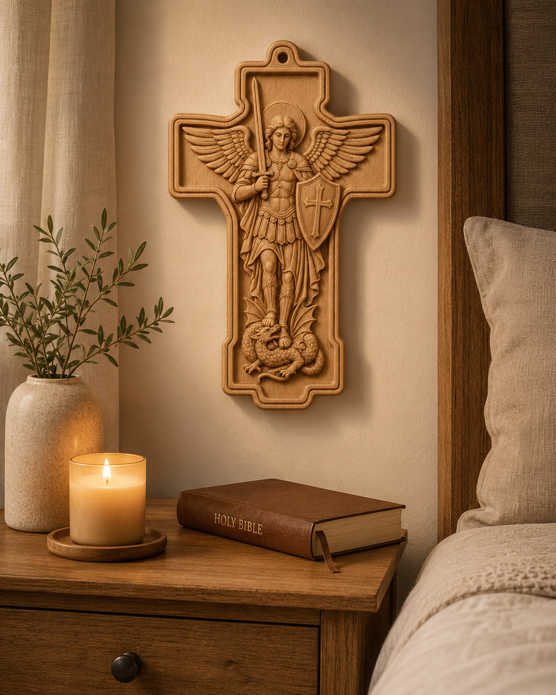 St. Michael Wooden Wall Cross – Beech Wood Relief Carving Christian Wall Plaque