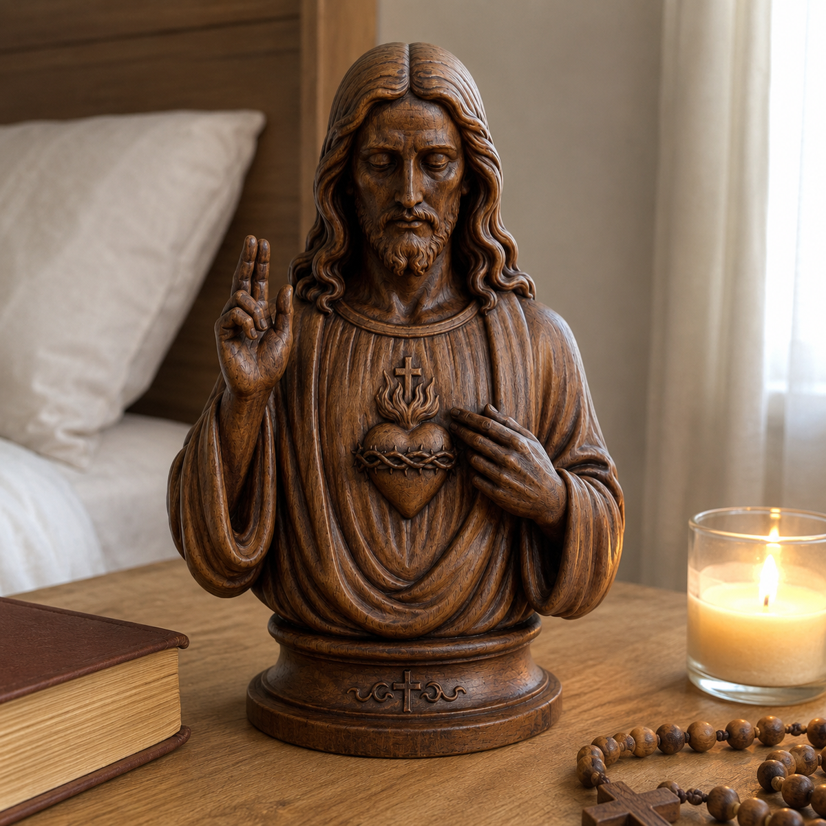 Hand-Carved Cypress Wood Sacred Heart of Jesus Statue – Christian Prayer & Home Devotional Decor