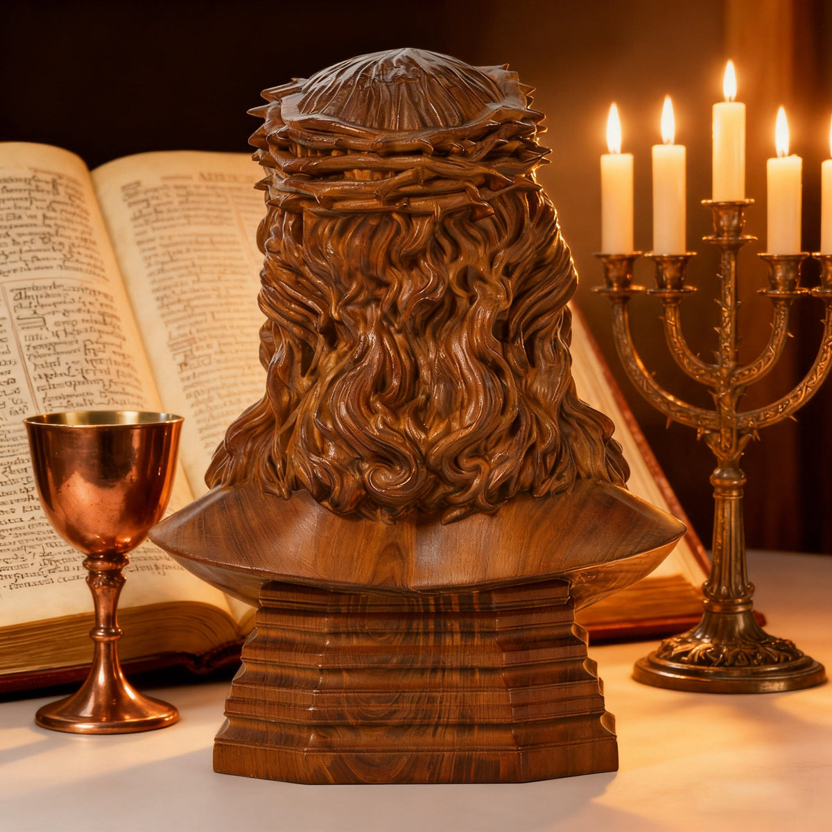 Boxwood Jesus Crown with Thorns Half-Length Desktop Ornament - design detail