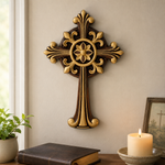 Beechwood Ornate Cross – Gold Accented Christian Wall Cross