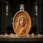 Our Lady in Tears and Prayer with a Nine-Star Halo — Hand-Carved Beechwood Statue for Christian home display and prayer spaces