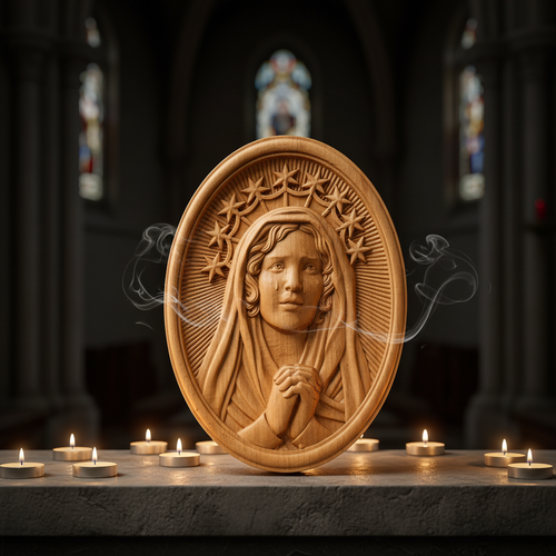 Our Lady in Tears and Prayer with a Nine-Star Halo — Hand-Carved Beechwood Statue for Christian home display and prayer spaces