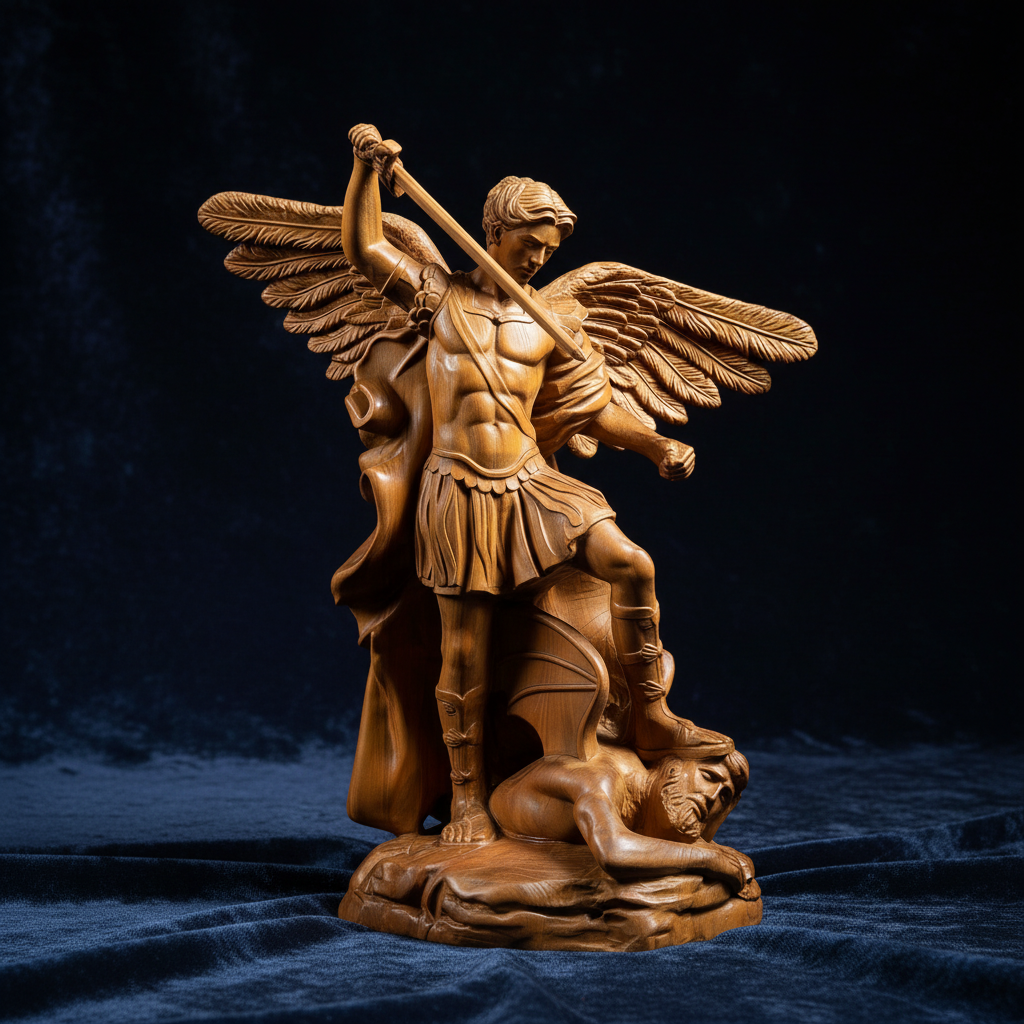 Boxwood Archangel Michael Carving: A Christmas Gift of Divine Protection for Christian home decor and prayer spaces