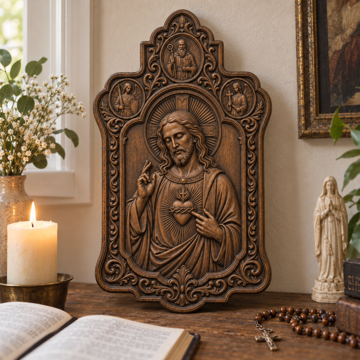 Sacred Heart of Jesus Beechwood Relief Plaque