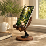 Black Walnut “Archangel Michael” Adjustable Phone Stand—A Faith-Inspired Wooden Desktop Stand