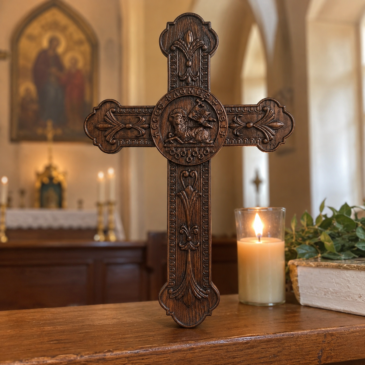 Lamb of God Wood Carving Cross Wall Decor - Paschal lamb - product view