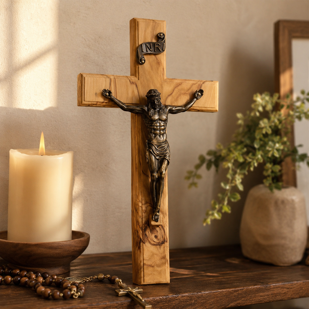 Holy City Wood Olive Wood Crucifix with Bronze Christ — Handcrafted Prayer Cross - size and finish detail