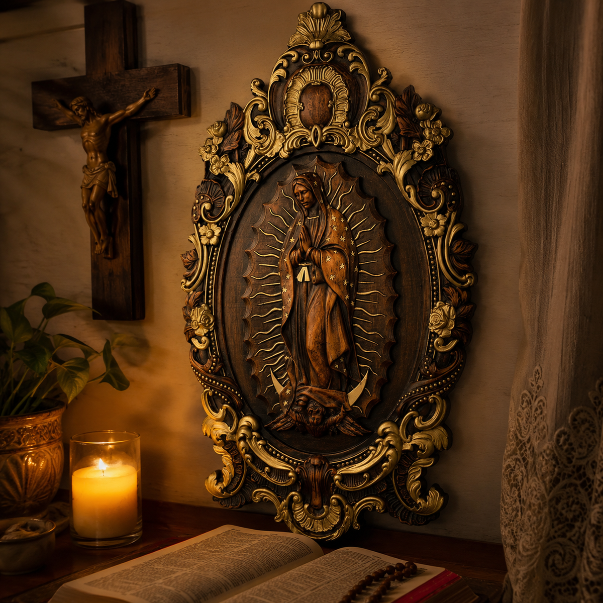 A Handcrafted Sanctuary: Our Lady of Guadalupe Wood Carving - design detail