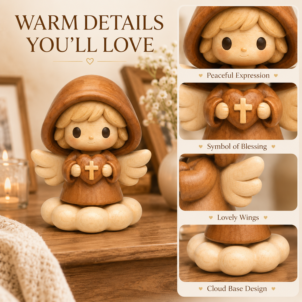 Wooden Angel Blessing Figurine – Original Wood Inlay Craft Gift Decor