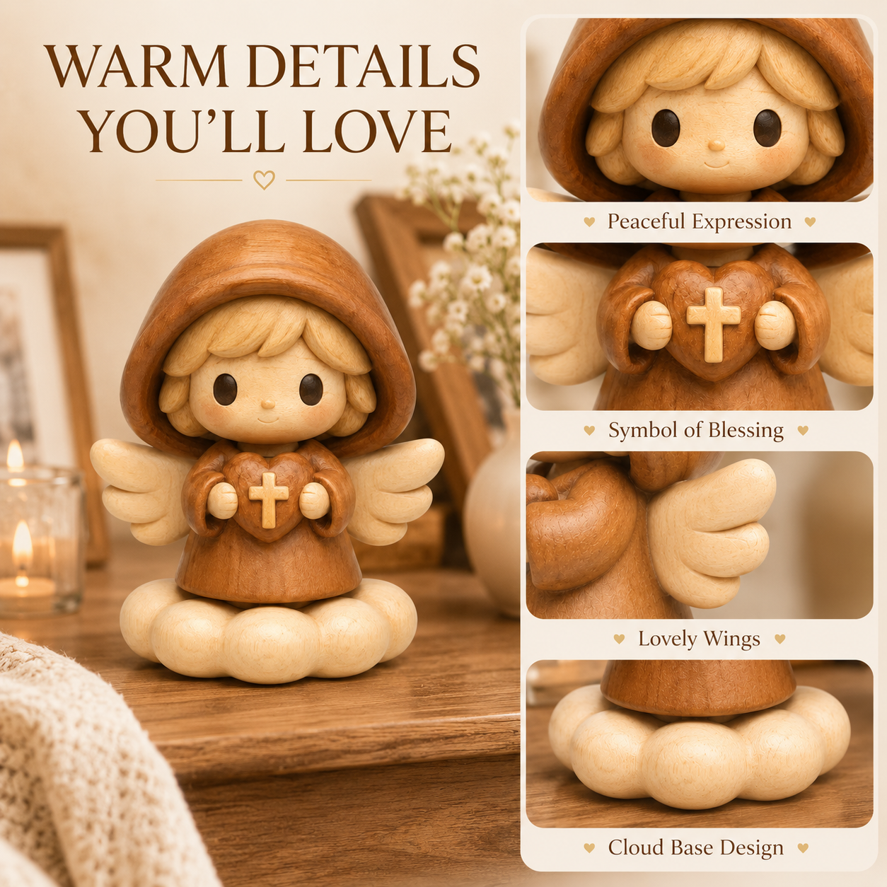 Wooden Angel Blessing Figurine – Original Wood Inlay Craft Gift Decor