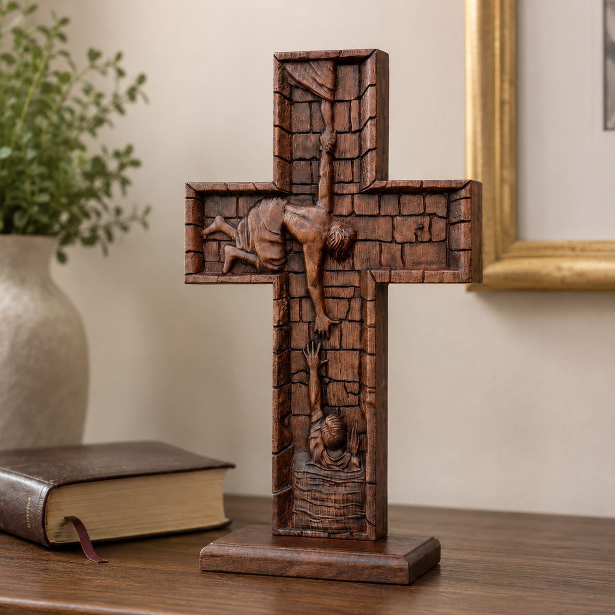 Christ Still Reaches Down – Hand-Carved Beechwood Savior Cross - craftsmanship detail