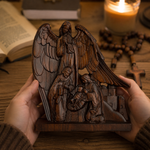 Hand-Carved Holy Family & Guardian Angel Solid Wood Statue: A Faith Artwork Anchoring Divine Blessings for Your Home