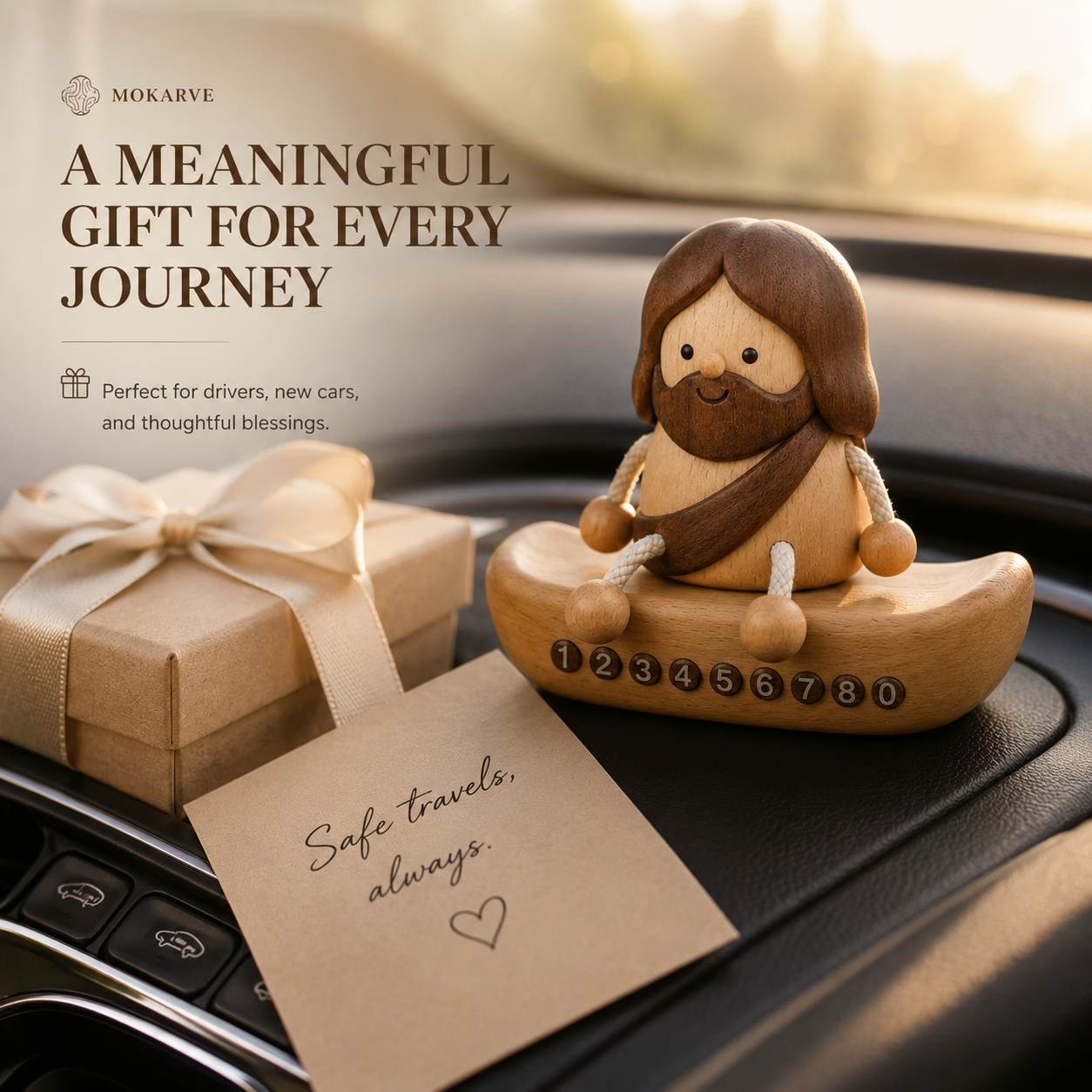 Wooden Jesus Dashboard Decor with Hidden Parking Number Display